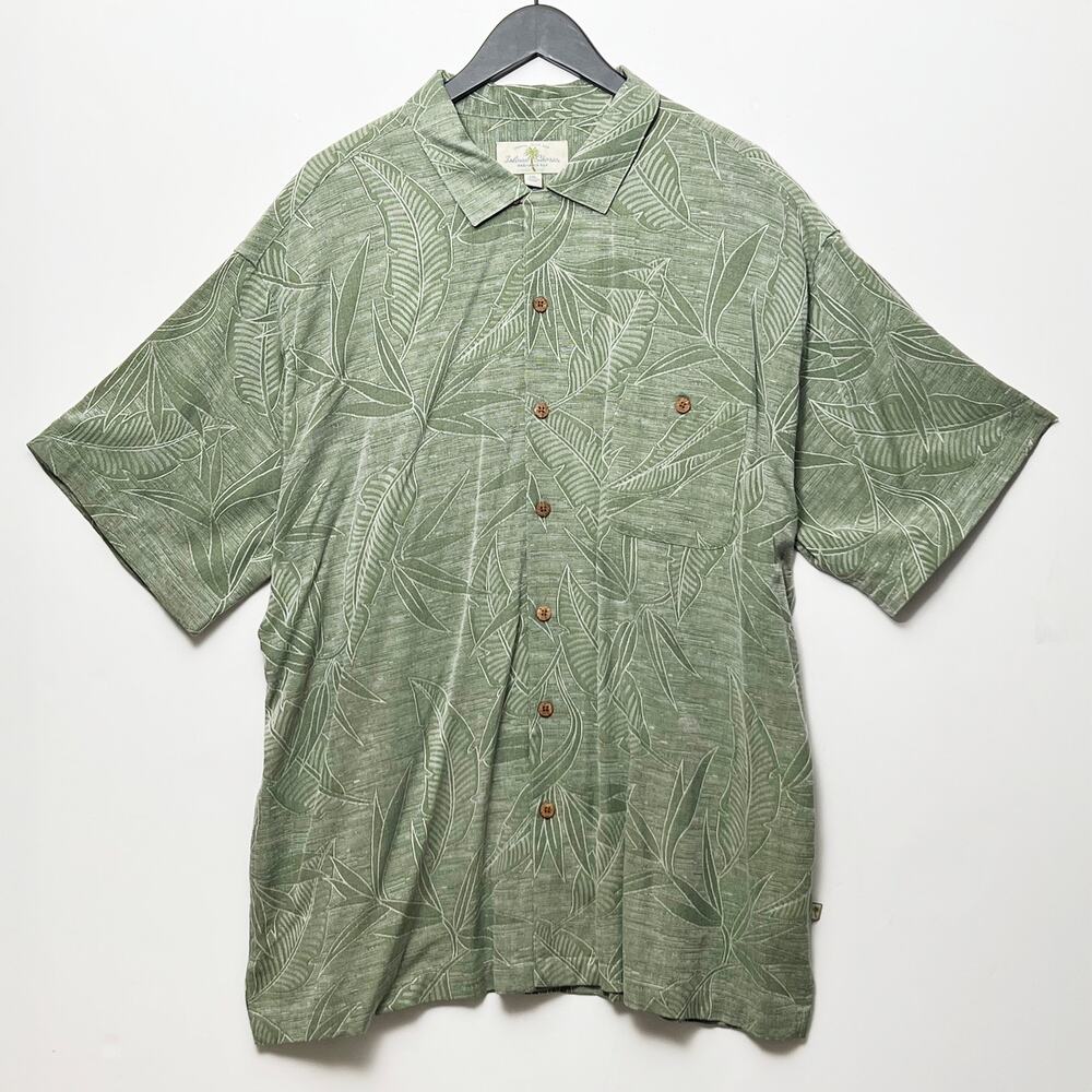 Island Shores Hawaiian Aloha Shirt Mens 2XL Green Leaf Print 100% Washable Silk